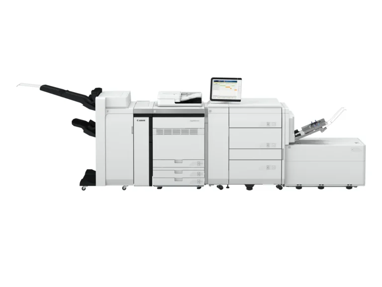Canon imagePRESS V900 Serie, zu der die V700 gehört, mit Finisher und Papierdecks