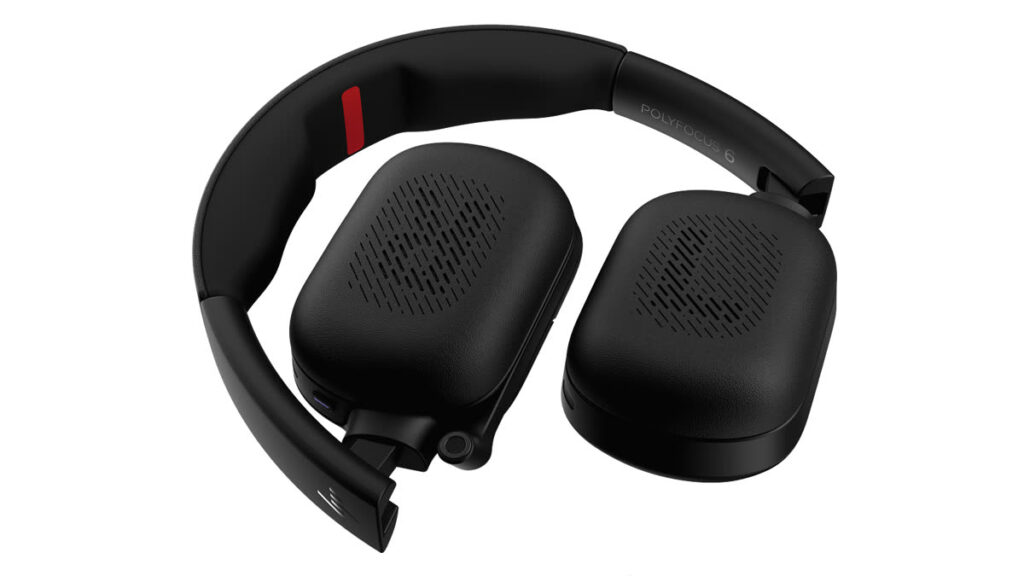 HP Poly Focus 625 Stereo Bluetooth-Headset, zusammengeklappt, vor weißem Hintergrund