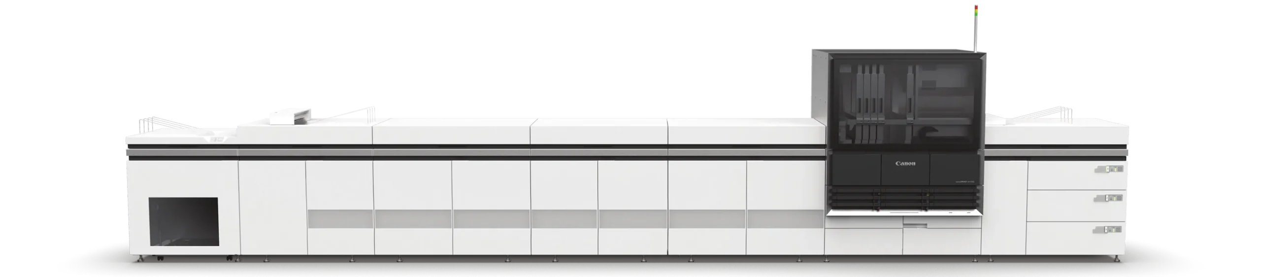 Canon varioPRINT iX1700 in Frontansicht: Papiereingabe rechts, Druckmodul mit transparentem Gehäuse, Trocknung, Fixierung und Stapelablage links