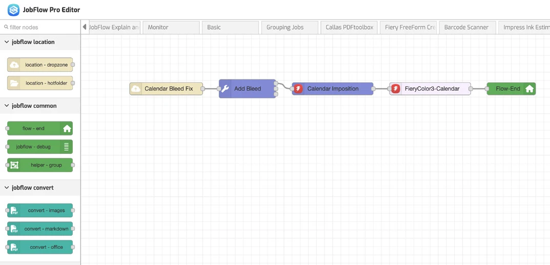 JobFlow Pro Editor: links die Knoten-Bibliothek, rechts ein Workflow aus fünf verbundenen Knoten von „Calendar Bleed Fix“ bis „Flow-End“