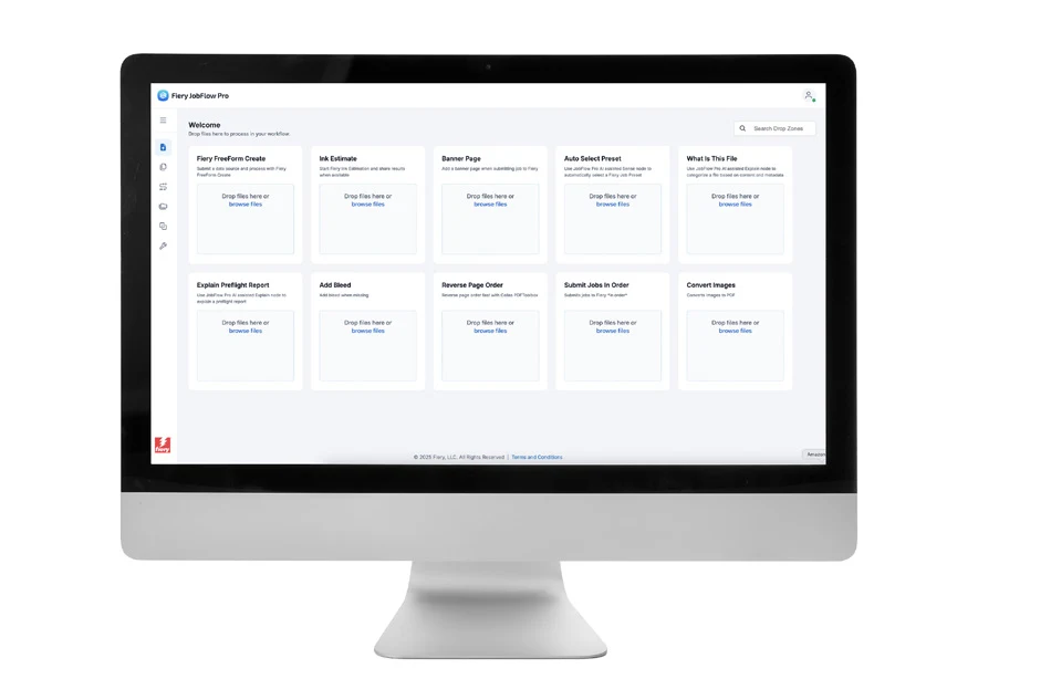 Fiery JobFlow Pro im Browser auf einem Monitor: Startseite mit Ablagebereichen für einzelne Workflows