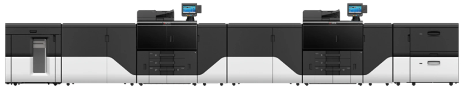 Abbildung des TASKalfa Pro Tandem: zwei Druckwerke der TASKalfa Pro 15000c hintereinander, links Stapler, rechts Papiermagazin