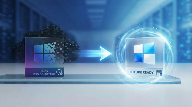 Illustration einer Business-Timeline zum Windows 10 Support-Ende am 14. Oktober 2025 mit Sicherheitsrisiken