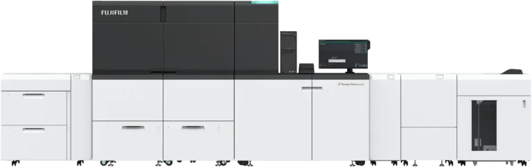 Fujifilm Revoria Press PC2120 in Frontansicht mit Anleger und Stapler