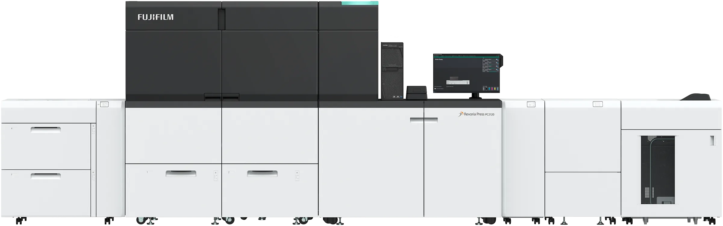 Fujifilm Revoria Press PC2120 in Frontansicht mit Anleger und Stapler