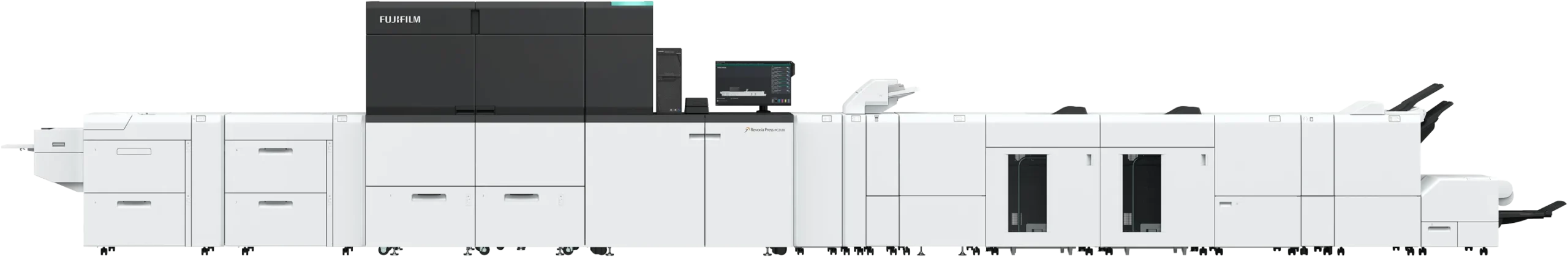 Revoria Press PC2120 mit Anlegern, Stapler, Falz- und Heftmodulen in einer Linie